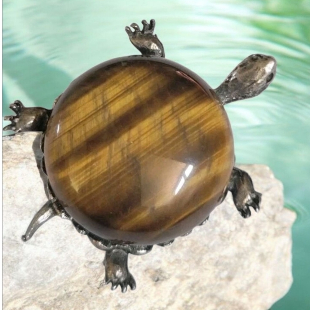 Vintage Shimmering Tigers Eye Stone Turtle Tortoise Brooch Pin